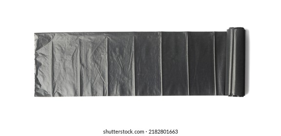 Garbage Bag Roll Isolated. Trash Package, New Rolled Plastic Bin Bags, Black Polyethylene Waste Container On White Background