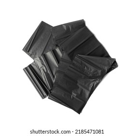 Garbage Bag Roll Isolated. Trash Package, New Rolled Plastic Bin Bags, Black Polyethylene Waste Container On White Background