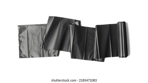 Garbage Bag Roll Isolated. Trash Package, New Rolled Plastic Bin Bags, Black Polyethylene Waste Container On White Background