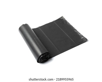 Garbage Bag Roll Isolated. Trash Package, New Rolled Plastic Bin Bags, Black Polyethylene Waste Container On White Background