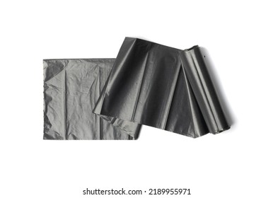 Garbage Bag Roll Isolated. Trash Package, New Rolled Plastic Bin Bags, Black Polyethylene Waste Container On White Background