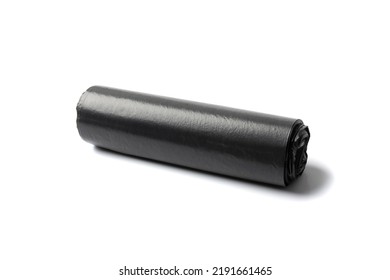 Garbage Bag Roll Isolated. Trash Package, New Rolled Plastic Bin Bags, Black Polyethylene Waste Container On White Background