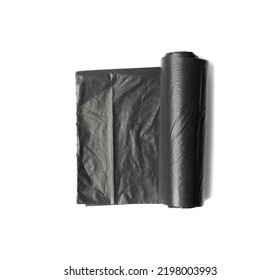 Garbage Bag Roll Isolated. Trash Package, New Rolled Plastic Bin Bags, Black Polyethylene Waste Container On White Background