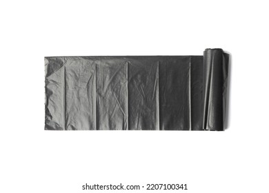 Garbage Bag Roll Isolated. Trash Package, New Rolled Plastic Bin Bags, Black Polyethylene Waste Container On White Background