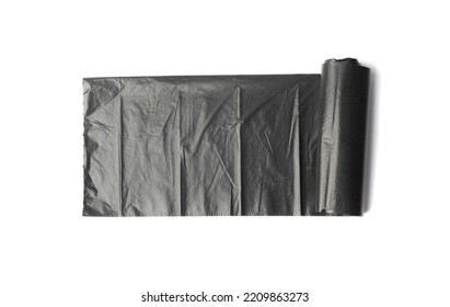 Garbage Bag Roll Isolated. Trash Package, New Rolled Plastic Bin Bags, Black Polyethylene Waste Container On White Background