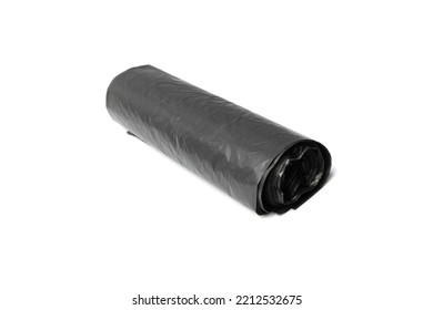 Garbage Bag Roll Isolated. Trash Package, New Rolled Plastic Bin Bags, Black Polyethylene Waste Container On White Background