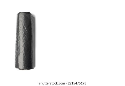 Garbage Bag Roll Isolated. Trash Package, New Rolled Plastic Bin Bags, Black Polyethylene Waste Container On White Background