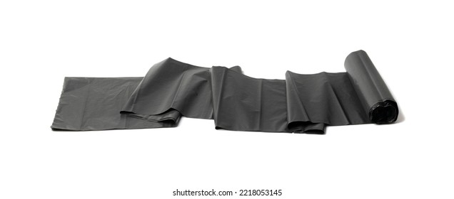 Garbage Bag Roll Isolated. Trash Package, New Rolled Plastic Bin Bags, Black Polyethylene Waste Container On White Background