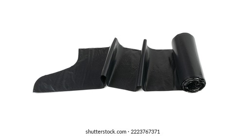 Garbage Bag Roll Isolated. Trash Package, New Rolled Plastic Bin Bags, Black Polyethylene Waste Container On White Background