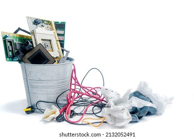 Garbage bin with discarded stuff isolated over white background