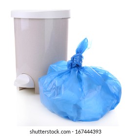 Garbage Bin And  Plastic Trash Bag, Isolated On White