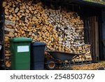 Garbage bins placed near neatly stacked firewood in an autumn yard setting.