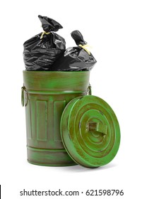 Garbage Can Filled With Black Trash Bags Isolated On White Background.