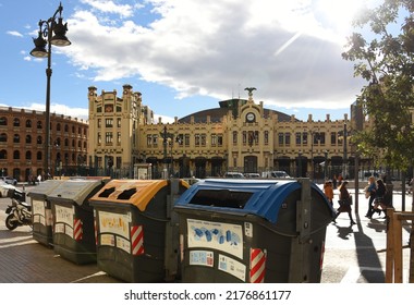 Garbage Cans In Front Of Valencian Central Train Station (Estació Del Nord) Of City Of Valencia. Building Of The North Railroad Station. Waste Sorting In The City. March 6, 2022, Spain, Valencia. 