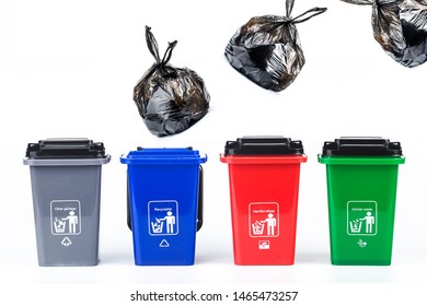 Garbage Classification Concept，colorful Plastic Garbage Cans Isolated On White Background