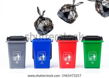 Garbage classification concept，colorful plastic garbage cans isolated on white background