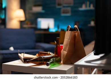 Garbage Covered House Apartment Of Alone Woman With Mental Depresion Having Trash, Rubbish With No People In. Unorganized Empty Living Room Of Depressed Person With Scattered Food Mess, Disorder Table