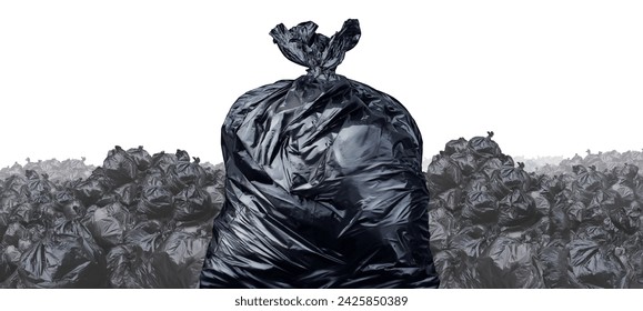 Garbage dump or dumpsite background isolated on a white background as a Waste disposal concept with a pile of black plastic trash bags.