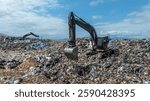 Garbage dump pile in trash dump or landfill, Landfill with waste disposal, Garbage truck unloads rubbish in landfill, Truck waste dump waste from household, Excavator work garbage waste, Aerial view.