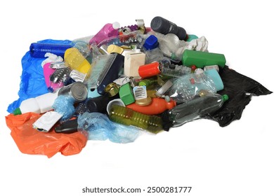 garbage, elevated view pile of plastic containers and cans for recycling isolated on white background