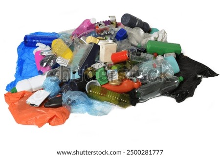 garbage, elevated view  pile of plastic containers and cans for recycling isolated on white background