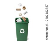 Garbage falling into trash bin on white background