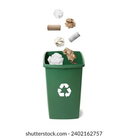 Garbage falling into trash bin on white background