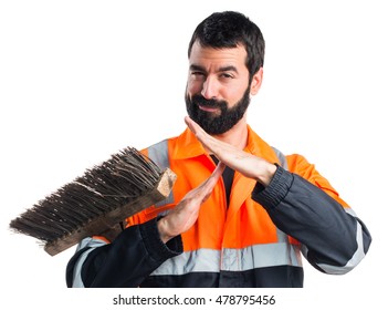 Garbage Man Making Time Out Gesture