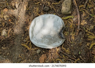 Garbage From One White Dirty Plastic Burnt Plate Lies On The Gray Ground On The Street