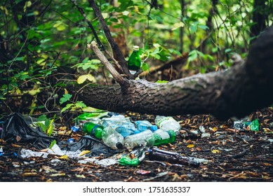 Garbage Pile In Forest Among Plants. Toxic Plastic Into Nature Everywhere. Rubbish Heap In Park Among Vegetation. Contaminated Soil. Environmental Pollution. Ecological Issue. Throw Trash Anywhere.