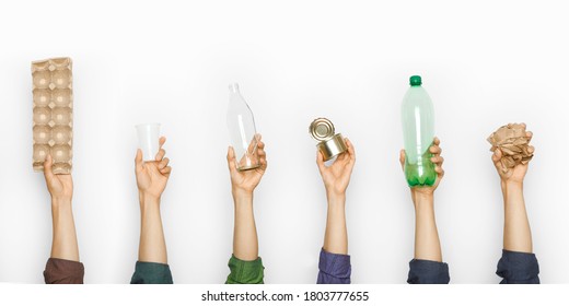 Garbage for processing in hand on white background. - Shutterstock ID 1803777655