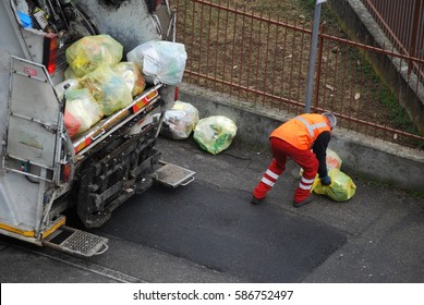 Garbage Truck, Worker Man Collecting Plastic, Industrial Vehicle 