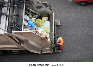 Garbage Truck, Worker Man Collecting Plastic, Industrial Vehicle 