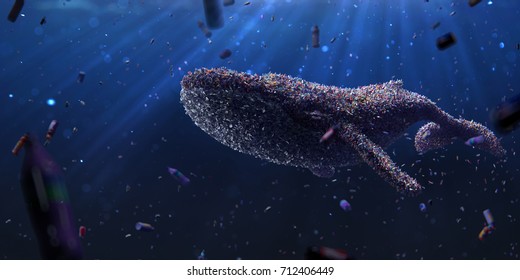 Garbege whale underwater Environmental problem of plastic rubbish pollution in ocean