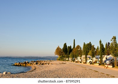 Garda Lake Coastline With Motorhomes Campsite, Italy