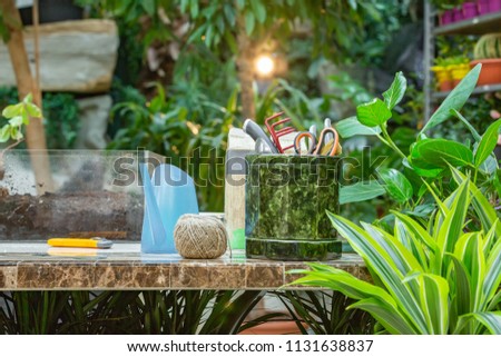 A lot of garden accessories on the table in greenhouse