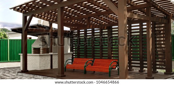 Garden Backyard Outdoor Pavilion Wood Pergola Stock Image