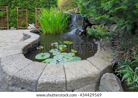 Garden Backyard pond with waterfall water plants brick paver patio trellis landscaping