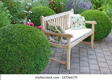 Garden Bench Between Boxwood
