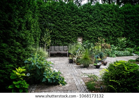 Garden bench in courtyard