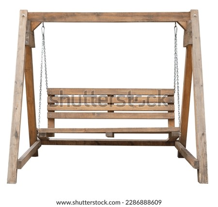 Garden bench seat wooden porch swing bench with metal chain, with armrests and backrest solid wood leisure rocking chair swing hanging chair. Outdoor furniture isolated on white background