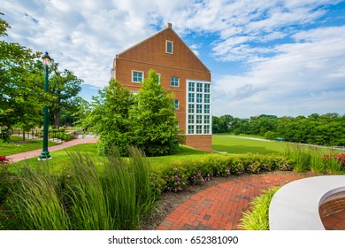 Garden And Building At Notre Dame Of Maryland University In Baltimore, Maryland.