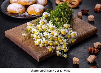 Garden Camomile Flowers Bouquet On A Yellow Concrete Table. Top View Flat Lay With Copy Space