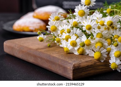 Garden Camomile Flowers Bouquet On A Yellow Concrete Table. Top View Flat Lay With Copy Space