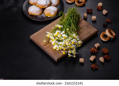 Garden Camomile Flowers Bouquet On A Yellow Concrete Table. Top View Flat Lay With Copy Space