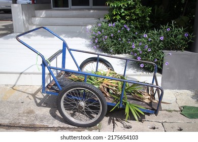 Garden Cart With Cut Garden Waste On It. Concept For Gardening Work