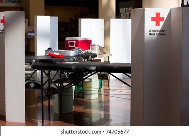 GARDEN CITY, NY - APRIL 3, 2011:  Setting Up For The American Red Cross Blood Drive For Disaster Relief In Garden City, New York In Roosevelt Field Mall.