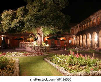 Garden Courtyard Of A Luxury Boutique Hotel At Night, In Cuzco City, South America