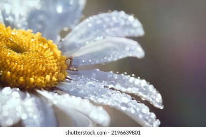 Garden Daisies Leucanthemum Vulgare Close Up. Flowering Of Daisies. Oxeye Daisy, Daisies, Dox-eye, Common Daisy, Moon Daisy. Macro Chamomile Or Camomile Flower With Drops Of Water On The White Petals