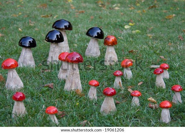 Garden Decor Group Wooden Mushrooms Grass Stock Photo Edit Now